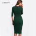 COLROVIE Work Summer Style Women Bodycon Dresses Sexy Casual Green Crew Neck Half Sleeve Midi Dress