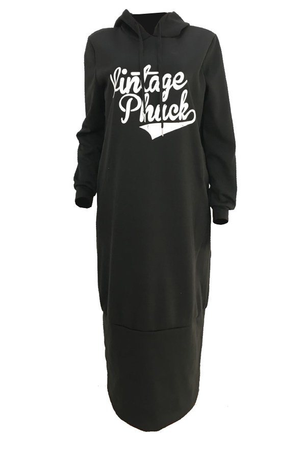 Casual Hooded Collar Letters Printed Black Polyester Mid Calf Dress