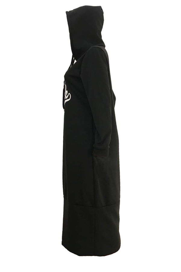 Casual Hooded Collar Letters Printed Black Polyester Mid Calf Dress