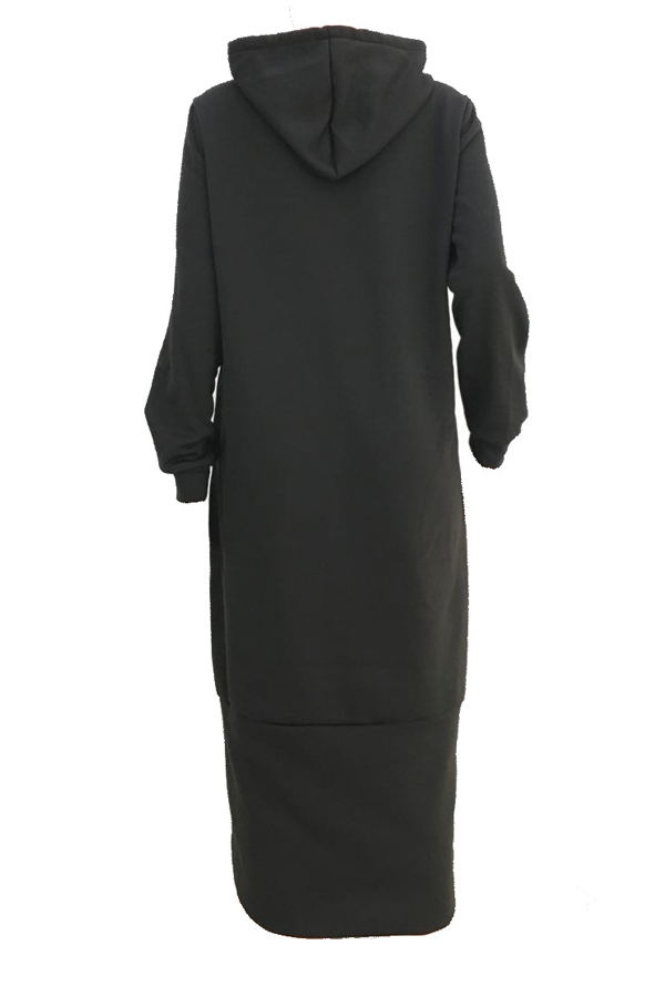 Casual Hooded Collar Letters Printed Black Polyester Mid Calf Dress