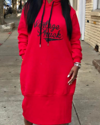 Casual Hooded Collar Letters Printed Red Polyester Mid Calf Dress