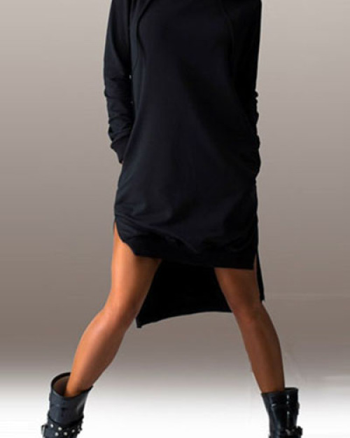 Casual Long Sleeves Side Split Asymmetrical Black Polyester Hooded Dress Casual Long Sleeves Side Split Asymmetrical Black Polyester Hooded Dress