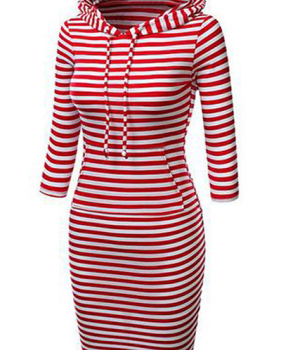 Casual Long Sleeves Stripes Print Red Polyester Sheath Knee Length Pencil Dress Casual Long Sleeves Stripes Print Red Polyester Sheath Knee Length Pencil Dress