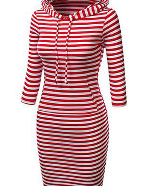 Casual Long Sleeves Stripes Print Red Polyester Sheath Knee Length Pencil Dress Casual Long Sleeves Stripes Print Red Polyester Sheath Knee Length Pencil Dress