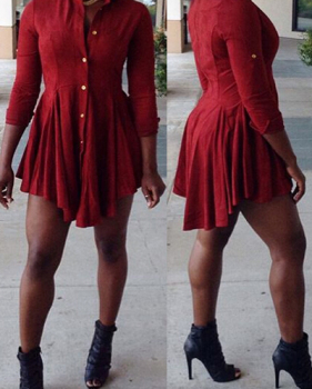 Casual O Neck Long Sleeves Single Breasted Ruffles Design Red Polyester Mini Dress Casual O Neck Long Sleeves Single Breasted Ruffles Design Red Polyester Mini Dress