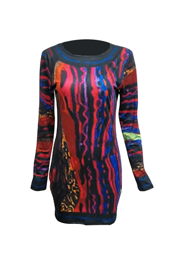 Casual Round Neck Long Sleeves Printing Milk Fiber Mini Dress