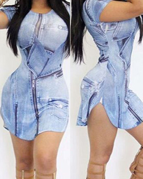 Casual Round Neck Short Sleeves Asymmetrical Blue Polyester Sheath Mini Dress Casual Round Neck Short Sleeves Asymmetrical Blue Polyester Sheath Mini Dress