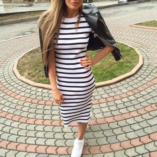 Casual Summer Women Dress Short Sleeve Round Neck Slim Fit Bodycon Dress Striped Side Split T Shirt Womens Dresses