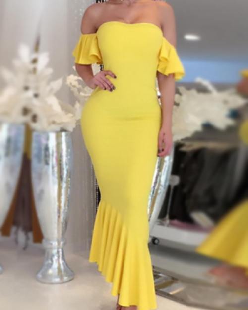 Charming Bateau Neck Short Sleeves Falbala Design Yellow Qmilch Ankle Length Dress Charming Bateau Neck Short Sleeves Falbala Design Yellow Qmilch Ankle Length Dress