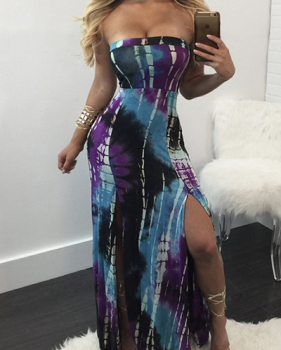 Charming Halter Neck Printed High Split Milk Fiber Floor Length Dress