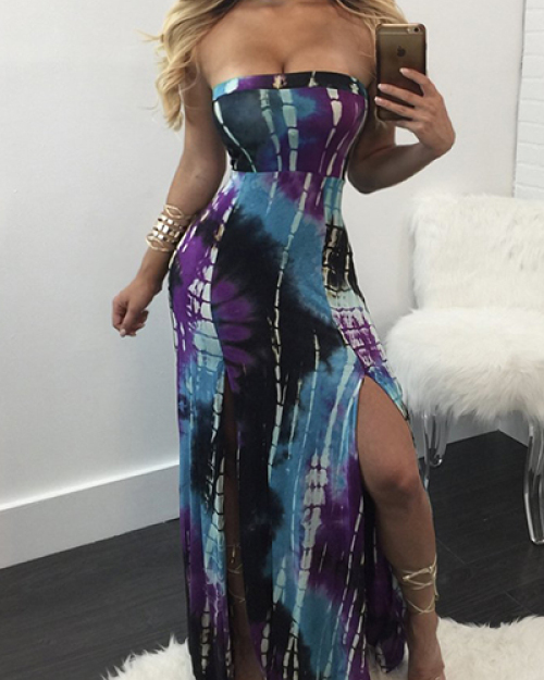 Charming Halter Neck Printed High Split Milk Fiber Floor Length Dress Charming Halter Neck Printed High Split Milk Fiber Floor Length Dress