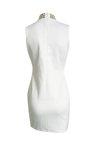 Charming Turtleneck Sleeveless Hollow-out White Healthy Fabric Sheath Mini Dress