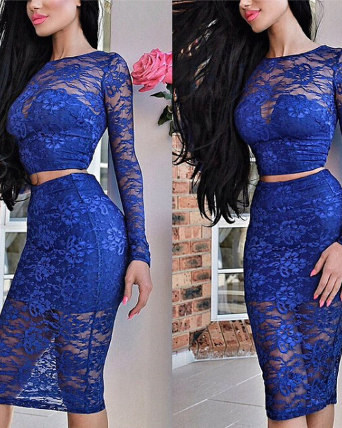 Cheap Sexy O Neck Long Sleeves Patchwork Blue Lace Knee Length Dress Cheap Sexy O Neck Long Sleeves Patchwork Blue Lace Knee Length Dress