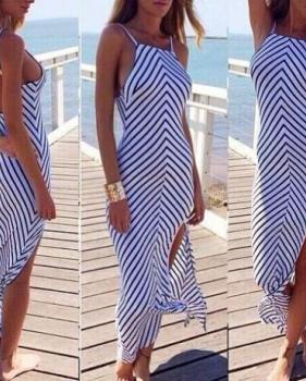Cheap Sexy Spaghetti Strap Sleeveless Backless Split Design Striped Blue Blending Ankle Length Dress Cheap Sexy Spaghetti Strap Sleeveless Backless Split Design Striped Blue Blending Ankle Length Dress