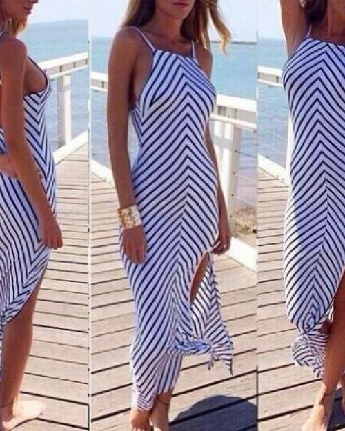Cheap Sexy Spaghetti Strap Sleeveless Backless Split Design Striped Blue Blending Ankle Length Dress Cheap Sexy Spaghetti Strap Sleeveless Backless Split Design Striped Blue Blending Ankle Length Dress