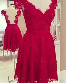 Cheap Sexy V Neck Short Sleeves Backless Red Lace Mini Dress Cheap Sexy V Neck Short Sleeves Backless Red Lace Mini Dress