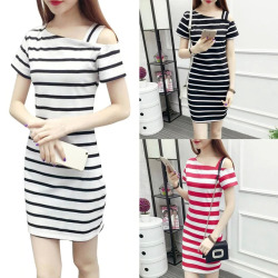 Cheap Summer Dress Boat Neck Oblique Shoulder Cotton Striped Medium Style Short-sleeved Casual Dress