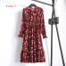 Chiffon High Elastic Waist Party Dress Bow A-line Women Full Sleeve Flower Print Floral Bohemian Dress Female Vestido Plus Size