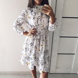 Chiffon High Elastic Waist Party Dress Bow A-line Women Full Sleeve Flower Print Floral Bohemian Dress Female Vestido Plus Size