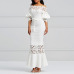 Clocolor Elegant Long Dress Women White Lace Slash Neck Mermaid Dresses Sexy Hollow Lace-Up Bodycon Party Maxi Dresses Vestidos