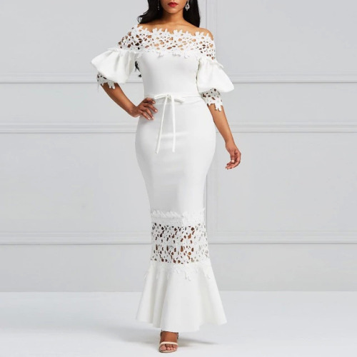 Clocolor Elegant Long Dress Women White Lace Slash Neck Mermaid Dresses Sexy Hollow Lace-Up Bodycon Party Maxi Dresses Vestidos