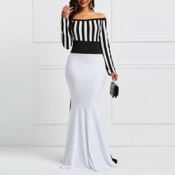 Clocolor Sheath Dress Elegant Women Off Sholuder Long Sleeve Stripes Color Block White Black Bodycon Maxi Mermaid Party Dress