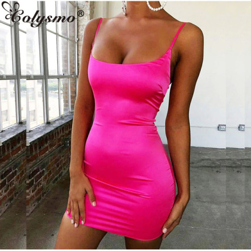 Colysmo Stretch Satin Mini Dress Women Sexy Straps Slim Fit Bodycon Party Dress Neon Green Pink Dress Dual-layered Robe Femme