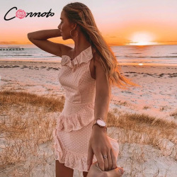 Conmoto  Casual Polka Dot Short Dress Girls 2019 Summer NEW One-Shoulder Sleeveless Ruffle Chiffon Dress Women Vestidos