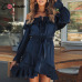 Conmoto Ruffles Lace Up Off Shoulder Women Dress Bow Long Sleeve Elegant Vintage Dress Bow Blue Short Party Satin Dress Vestidos