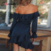 Conmoto Ruffles Lace Up Off Shoulder Women Dress Bow Long Sleeve Elegant Vintage Dress Bow Blue Short Party Satin Dress Vestidos