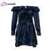 Conmoto Ruffles Lace Up Off Shoulder Women Dress Bow Long Sleeve Elegant Vintage Dress Bow Blue Short Party Satin Dress Vestidos