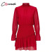 Conmoto Turtleneck Polka Dot Flounce Dress Women Long Sleeve Polka Dot Retro Dress Red Party Casual Ruched Dresses Vestidos