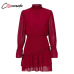 Conmoto Turtleneck Polka Dot Flounce Dress Women Long Sleeve Polka Dot Retro Dress Red Party Casual Ruched Dresses Vestidos