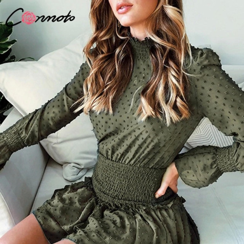 Conmoto Turtleneck Polka Dot Flounce Dress Women Long Sleeve Polka Dot Retro Dress Red Party Casual Ruched Dresses Vestidos