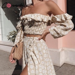 Conmoto Twist Off Shoulder Casual Party Women Dress Ruffle Beach Summer 2019 Dresses Female Floral Print Dress Suit Vestidos