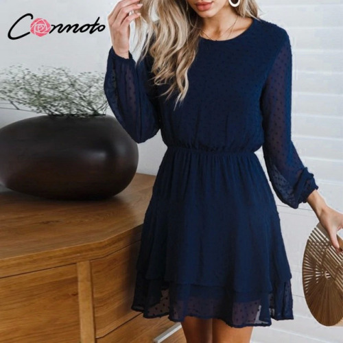 Conmoto Vintage Party Women Dress Casual Elegant Long Sleeve Polka Dot Dress Solid Short Summer Chiffon Dress Vestidos