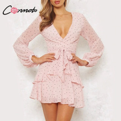 Conmoto Vintage Polka Dot Pink Ruffle Dress Spring Summer Women Mesh Long Sleeve Short Sexy Dress V Neck Layered Mini Dress Robe