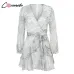 Conmoto Vintage Print Summer Dresses Female Elegant Party Short Dress Bow Sexy Ruffles Chiffon Dress Women Vestidos 2 Colors