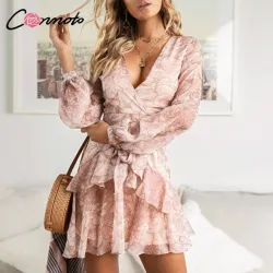 Conmoto Vintage Print Summer Dresses Female Elegant Party Short Dress Bow Sexy Ruffles Chiffon Dress Women Vestidos 2 Colors