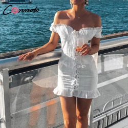 Conmoto White Bodycon Dress Women Sexy Short Sleeve Dress Feminino Ruffle Lace up Mini Dress Vestidos