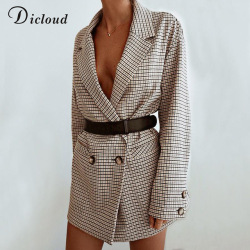 Dicloud elegant plaid blazer dress winter autumn women long sleeve oversized jacket office lady wrap bodycon casual streetwear