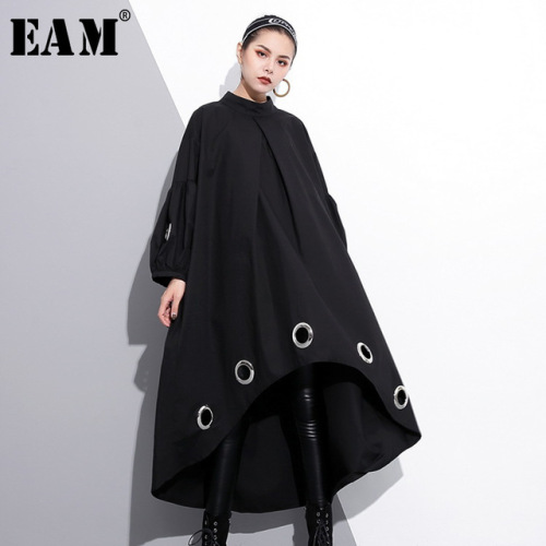 [EAM] 2019 New Spring  Round Neck Long Sleeve Solid Color Black Metal Ring Big Size Hollow Out Dress Women Fashion Tide JE29201