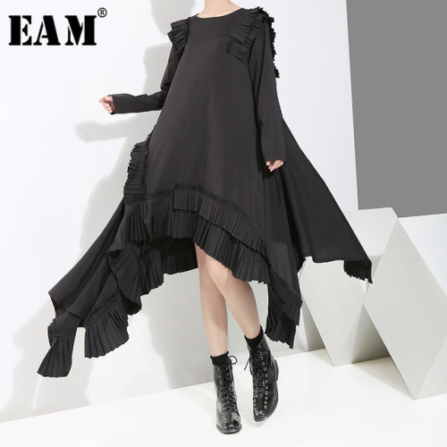 [EAM] 2019 New Spring  Summer Round Neck Long Sleeve Ruffles Split Joint Irregular Hem Loose Dress Women Fashion Tide JI045