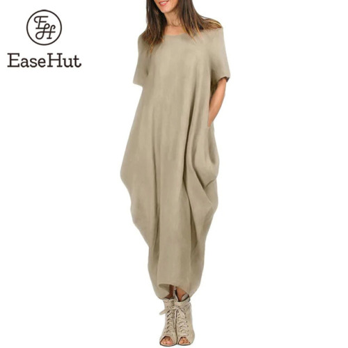 EaseHut Casual Women Maxi Dress O Neck Pocket Summer Asymmetric Baggy Plus Size 4XL 5XL Retro Long Dresses Loose Vestido Female