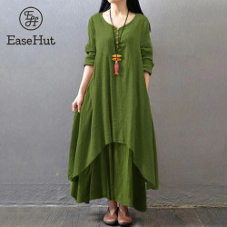 EaseHut Vintage Women Casual Loose Dress Solid Long Sleeve Boho Ethnic Autumn Long Maxi Dresses Plus Size Retro vestido mujer