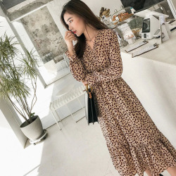 Elegant V-neck Print Chiffon Dress Spring Flare Sleeve Ruffles Elastic Slim Waist Female Midi Dress 2019 Chic Vestidos