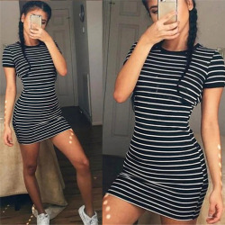 Enough Stock Summer Round Neck Short-sleeved Dress Black And White Striped Dresses Casual Elegant Sheath Slim Dress Dropshipping