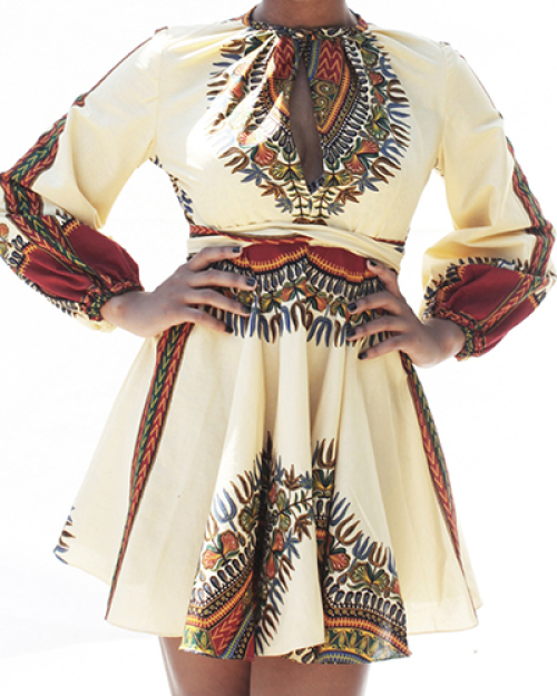 Ethnic Style Round Neck Long Sleeves Totem Printed White Polyester Mini Dress Ethnic Style Round Neck Long Sleeves Totem Printed White Polyester Mini Dress