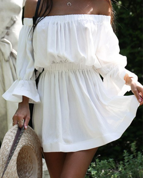 Euramerican Dew Shoulder Half Sleeves White Cotton Blend Mini Dress Euramerican Dew Shoulder Half Sleeves White Cotton Blend Mini Dress