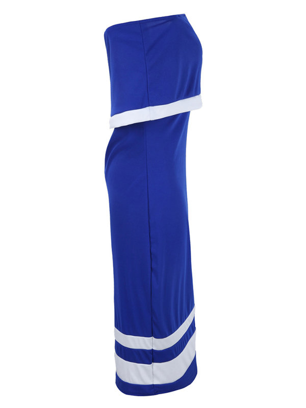 Euramerican Dew Shoulder Patchwork Blue Polyester Sheath Knee Length Dress